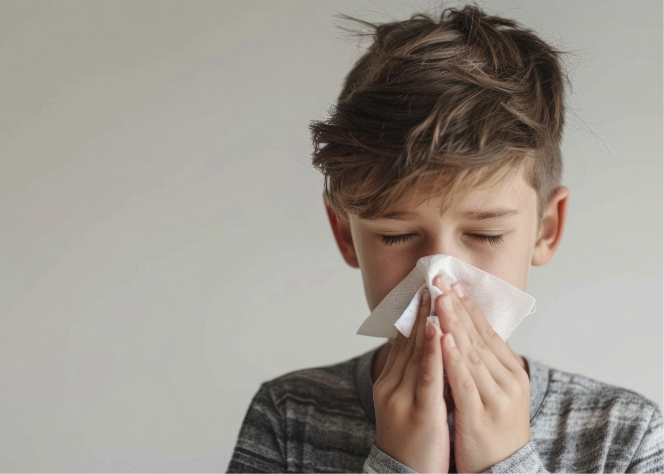 Boy blowing nose into tissue